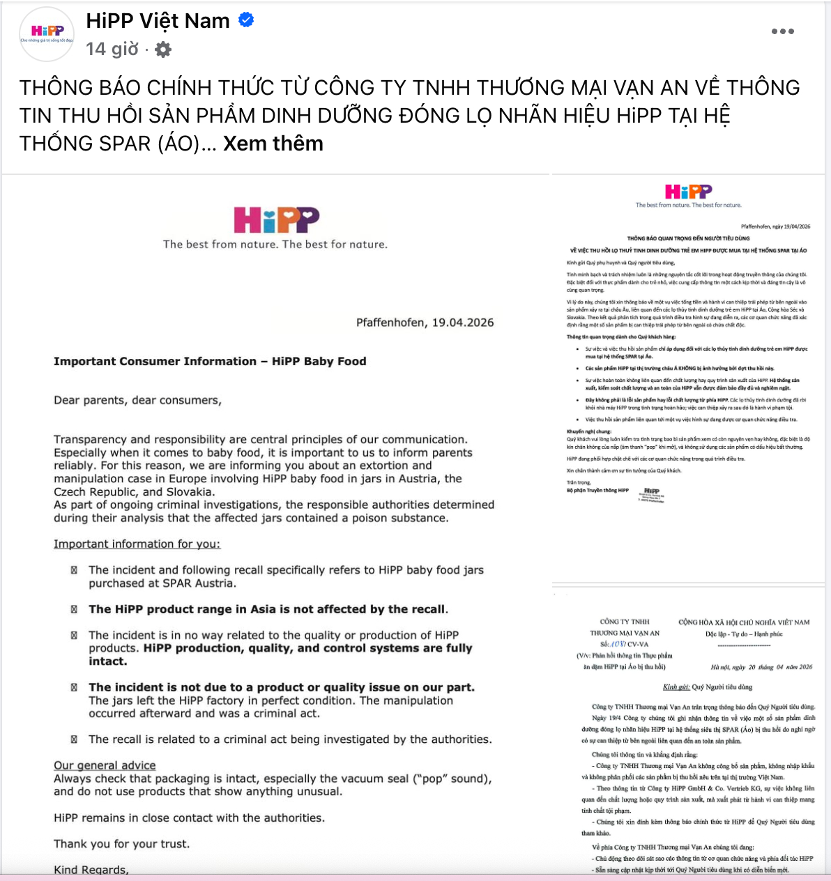 Vụ thu hồi sản phẩm ăn dặm HiPP nghi nhiễm thuốc diệt chuột: Đơn vị nhập khẩu tại Việt Nam phát thông báo nóng