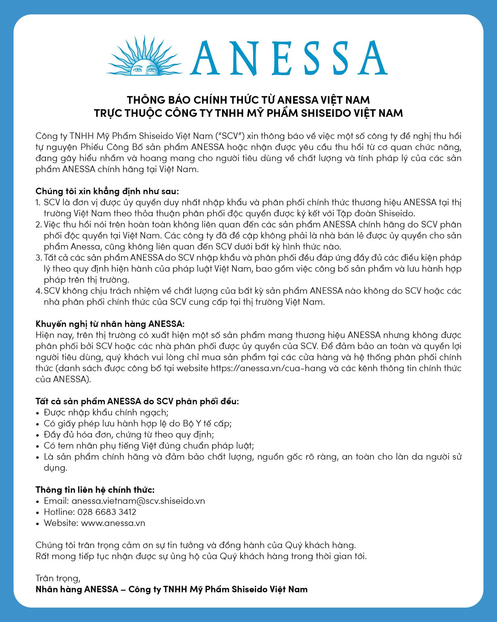 Thông báo chính thức từ Anessa Việt Nam