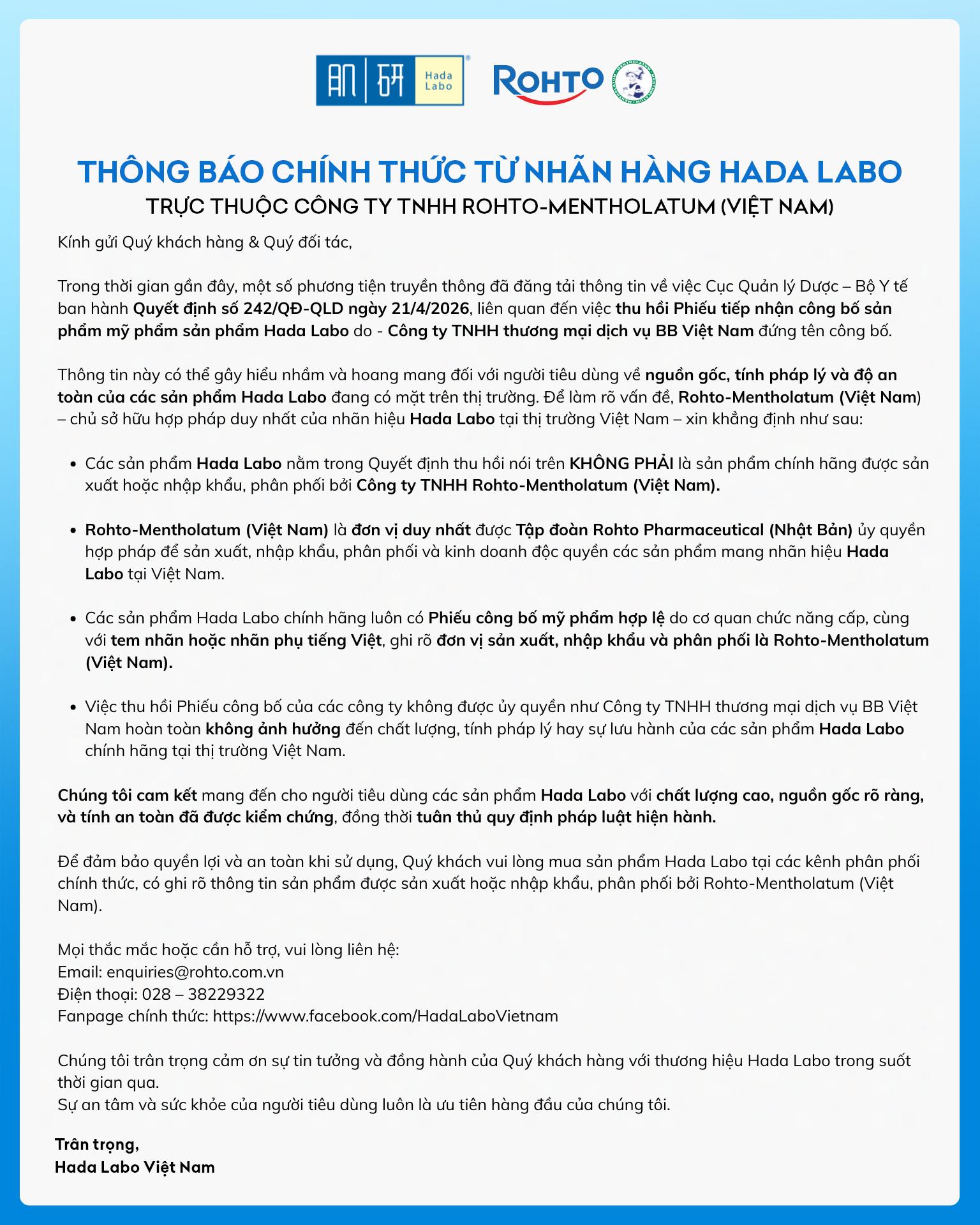 Thông báo chính thức từ Hada Labo - Rohto.