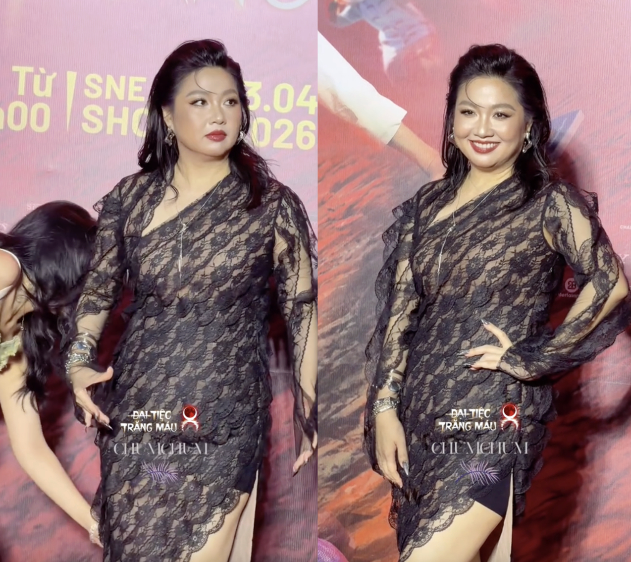 Vóc dáng được nhận xét  khá tròn trịa của Lê Khánh lộ rõ khi cô lựa chọn chiếc váy ren.