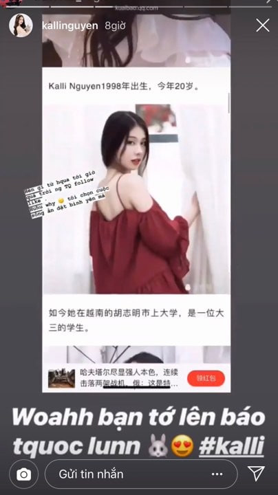 Kalli Nguyễn từng được báo Trung Quốc khen ngợi nhan sắc.