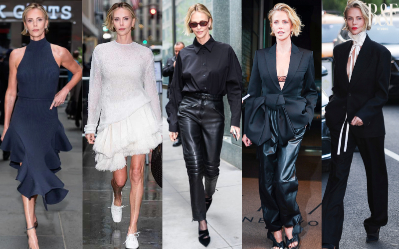  Charlize Theron đã diện 5 outfit chỉ trong vòng chưa đầy 1 ngày. Theo thứ tự từ trái sang: Alaia, Bottega Veneta, Balmain, Givenchy, Dior.  