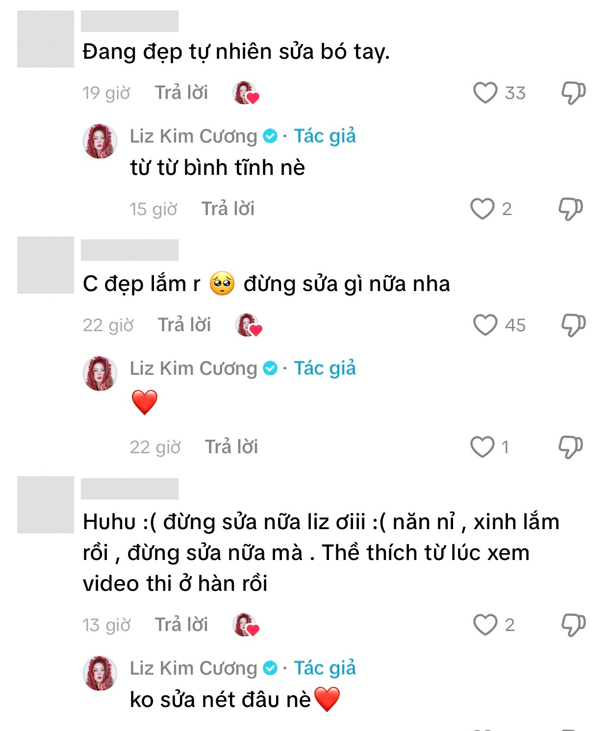 Liz Kim Cương thả tim tương tác và phản hồi nhẹ nhàng trước những bình luận của dân tình