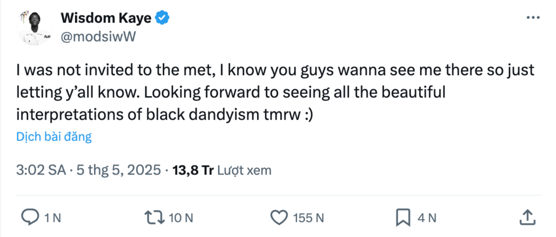   Chia sẻ trên trang cá nhân của mình, Wisdom Kaye cho biết: 