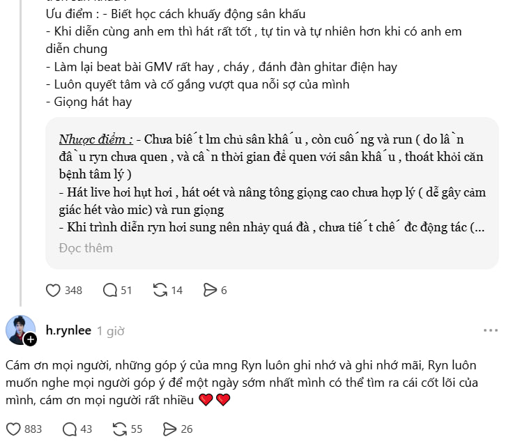 Trước những ý kiến của khán giả, mới đây, Ryn Lee cũng đã chính thức lên tiếng