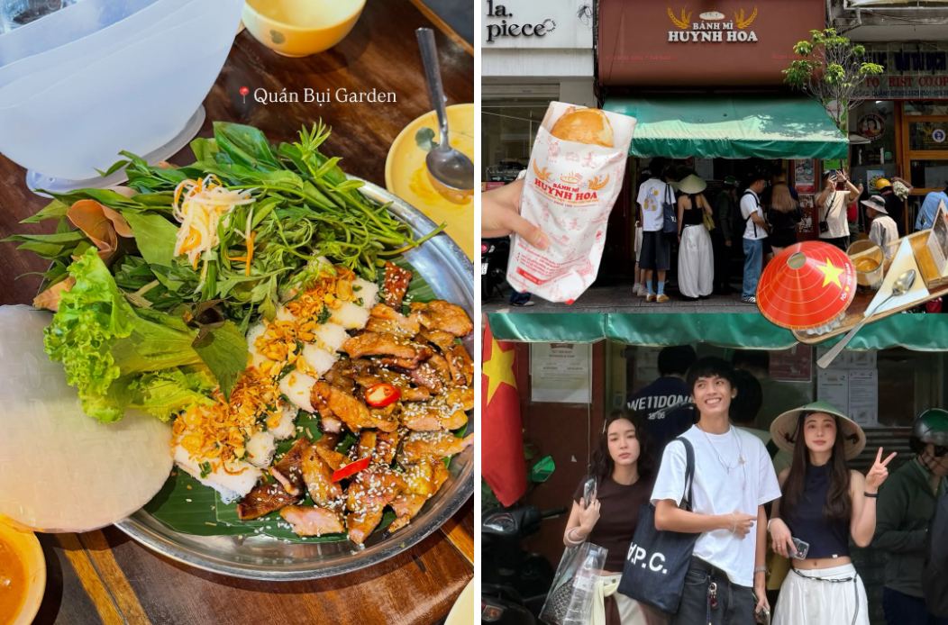 Nữ diễn viên Thái Lan Bua Nalinthip cùng bạn bè thưởng thức nhiều món ăn Việt Nam như bánh mì, cà phê, sinh tố,...
