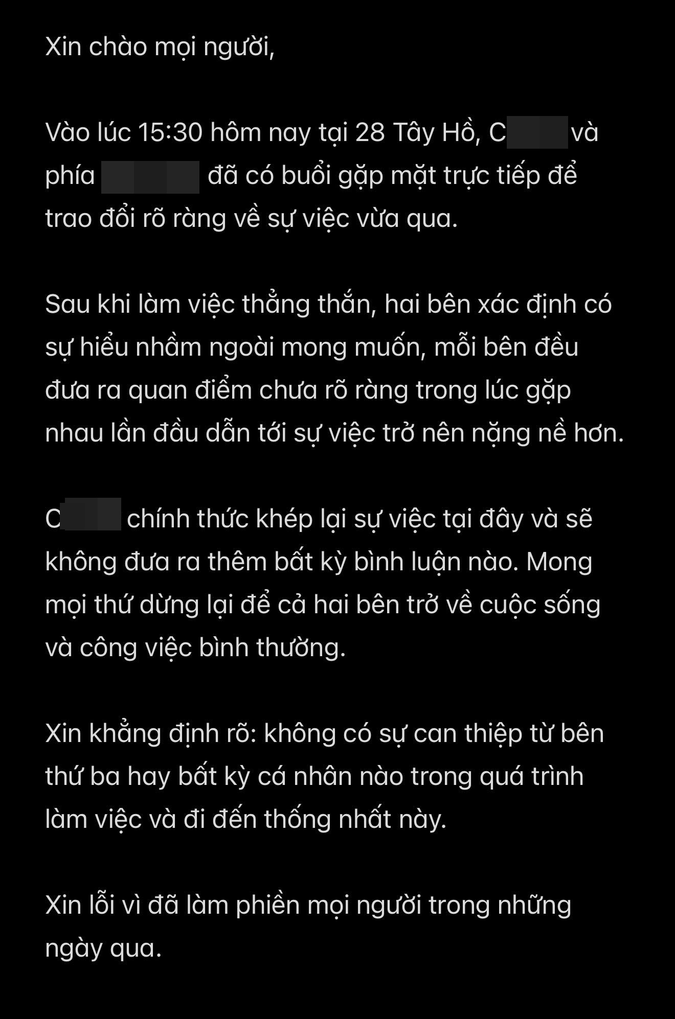 Phía quán cafe C. cập nhật kết quả vụ việc
