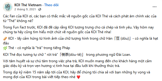 Fanpage KOI Thé Vietnam lý giải ý nghĩa và cách đọc tên chính xác. Ảnh chụp màn hình. 