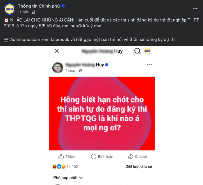  Hạn cuối để tất cả các thí sinh đăng ký dự thi tốt nghiệp THPT năm 2026 là 17h ngày 5/5
