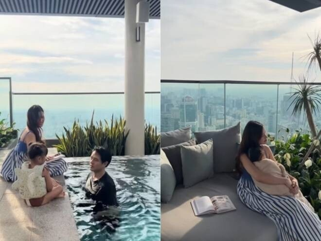 Tận dụng hệ tiện ích của tòa nhà, vợ chồng Ông Cao Thắng - Đông Nhi thường đưa con gái lên khu hồ bơi trên cao để vui chơi và thư giãn