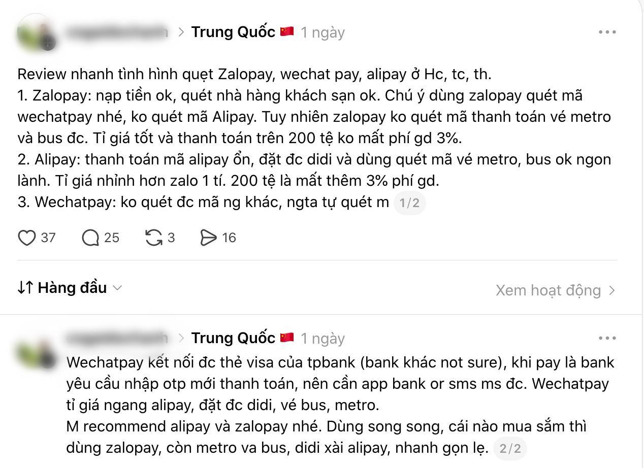 Nguyên văn bài đăng chia sẻ về các hình thức thanh toán khi đi Trung Quốc. Ảnh chụp màn hình