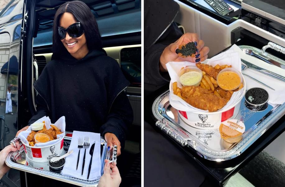Ca sĩ Ciara hào hứng nhận phần ăn của KFC và thưởng thức một cách ngon lành