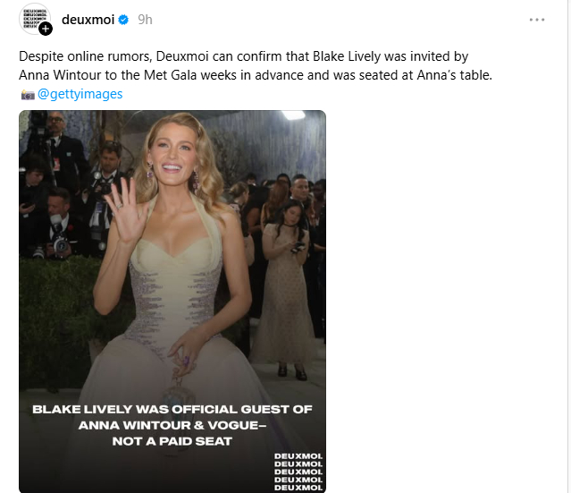 Bài đăng xác nhận việc Blake Lively được mời dự Met Gala 2026.