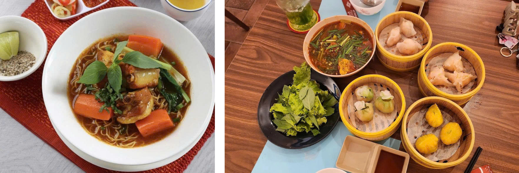 Thực đơn nổi bật với món mì sườn kho đậm đà và những xửng dimsum ghi điểm nhờ lớp vỏ mỏng tang, nhân đầy đặn (Ảnh: The Culi's Corner)