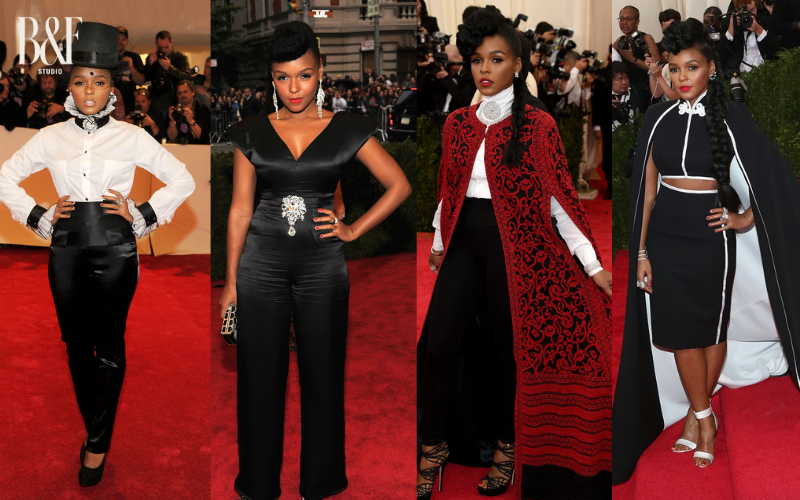  Nữ ca sĩ lần đầu debut Met Gala vào năm 2011. Với vài lần tham dự đầu tiên tại sự kiện này, cô chưa để lại nhiều ấn tượng sâu sắc trong lòng những người yêu thời trang. Tuy nhiên Janelle vẫn giữ vững bản sắc trong phong cách cá nhân bằng những outfit đen - trắng.