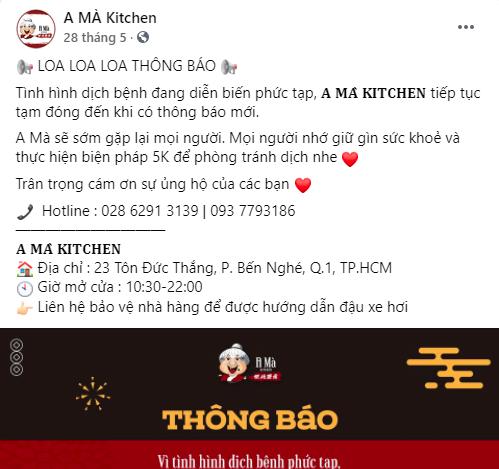 Khi tình hình dịch Covid-19 ở Sài Gòn diễn ra căng thẳng, A Mà Kitchen đã thông báo đóng cửa, không bán cả ship mang về