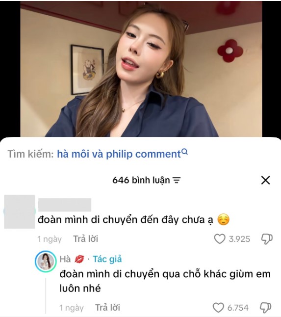 Hà Môi chỉ trả lời các bình luận trên TikTok, không lên tiếng về ồn ào tình cảm. Ảnh chụp màn hình.