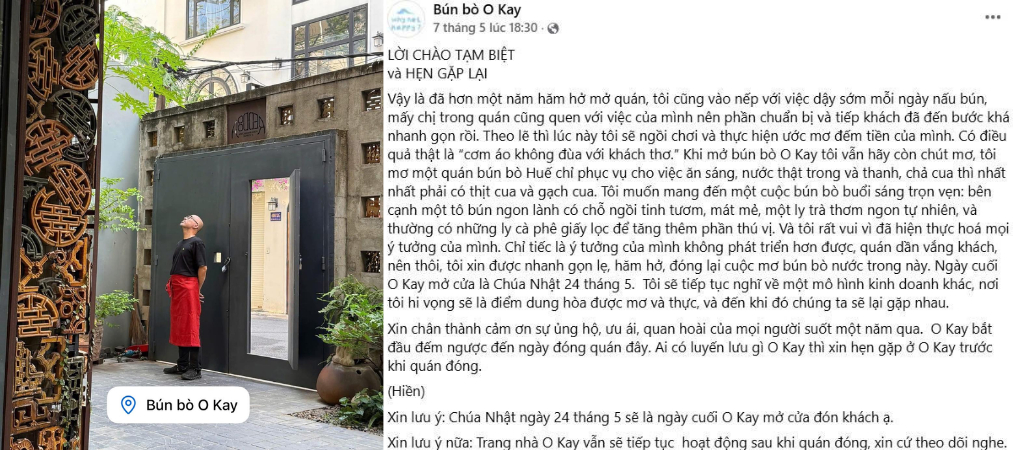  Vừa qua, trang fanpage của O Kay đã đưa ra lời thông báo đóng cửa (Ảnh: Bún bò O Kay)