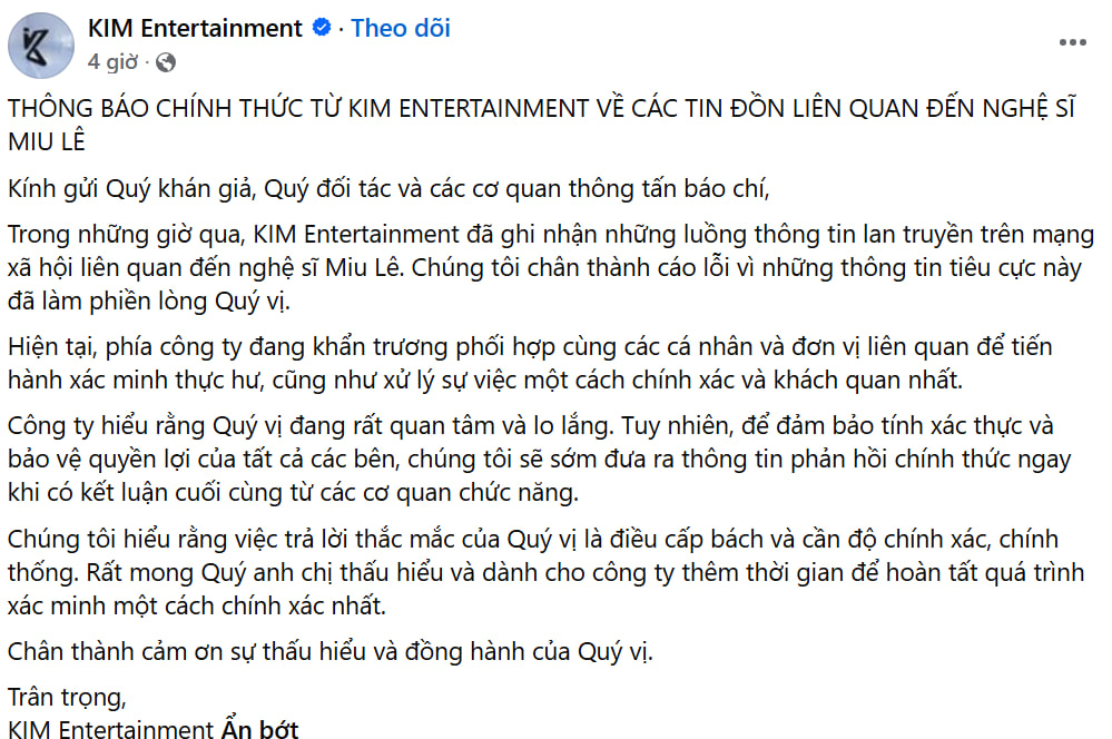Thông báo từ công ty quản lý ca sĩ Miu Lê (Ảnh cap màn hình)