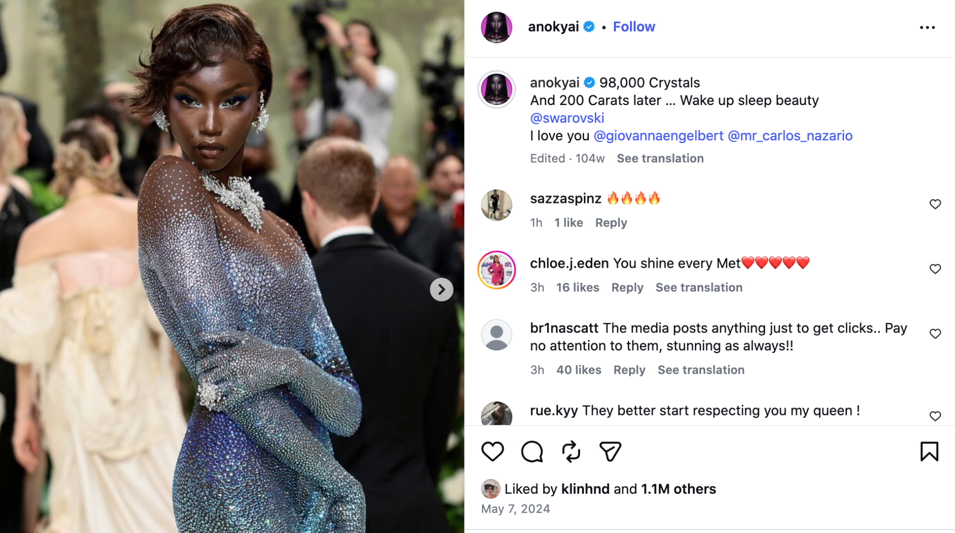 Anok Yai đăng bài cảm ơn ekip trong đó có đội ngũ của Swarovski, GĐST Giovanna Engelbert, và stylist lâu năm Carlos Nazario.