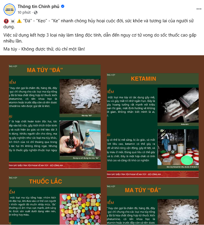 Fanpage Thông tin Chính phủ cảnh báo về bộ 3 ma túy “Đá” - “Kẹo” - “Ke”: “Không được thử, dù chỉ một lần!”