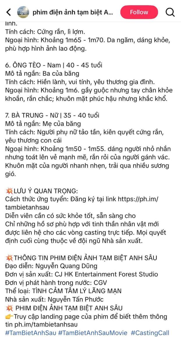 Bài đăng tuyển dụng cho bộ phim Tạm Biệt Anh Sâu khiến mạng xã hội xôn xao