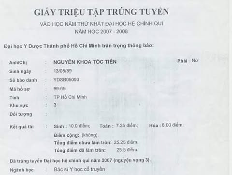 Tóc Tiên từng đạt điểm 10 môn Sinh học trong kỳ thi Đại học