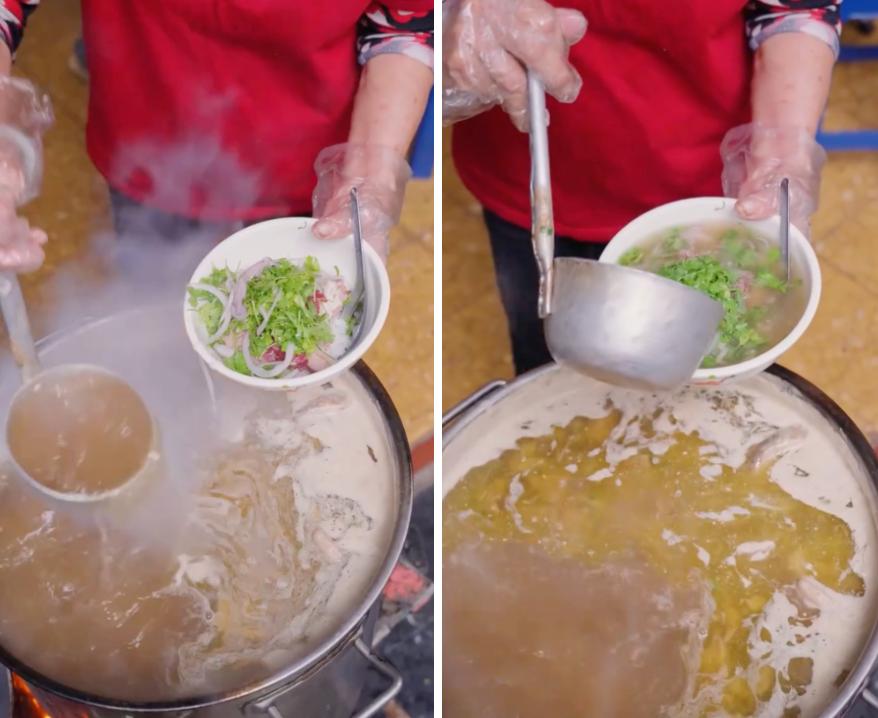 Thịt bò sống ở đây được đập trực tiếp vào bát rồi mới chan nước dùng, thực khách phải tự dìm thịt cho chín. 