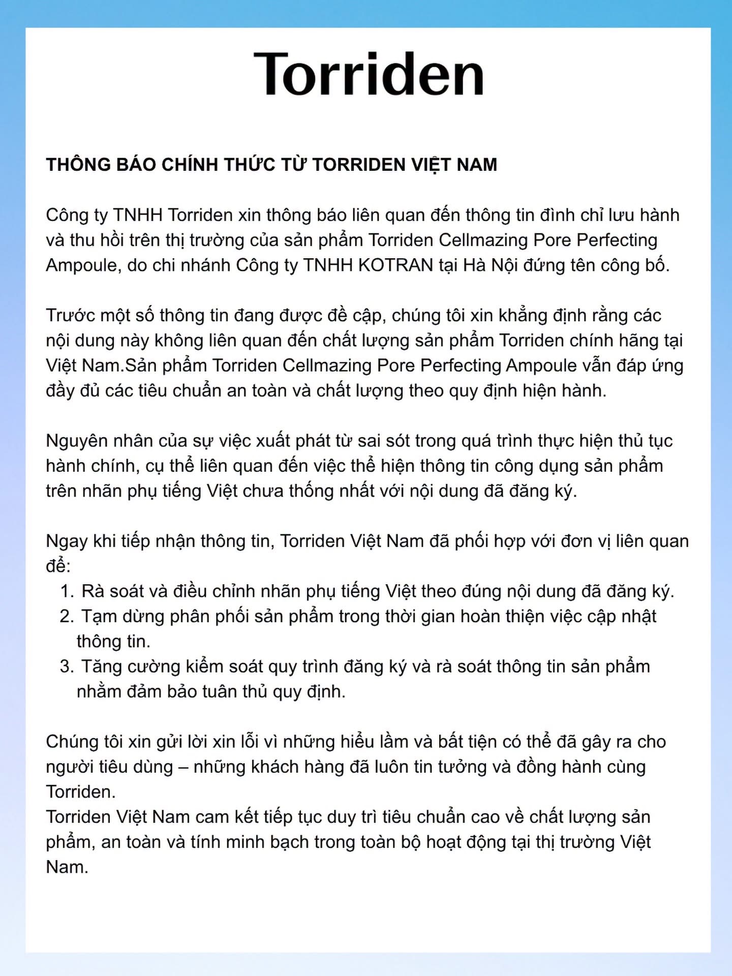 Thông báo chính thức từ Torriden Việt Nam.