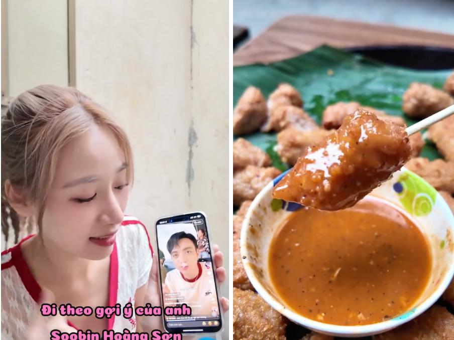 Tiktoker Linh Kul bay từ miền Nam ra Hà Nội để thưởng thức món tủ của idol và khen hết lời vì quá ngon. Ảnh: linhkul03