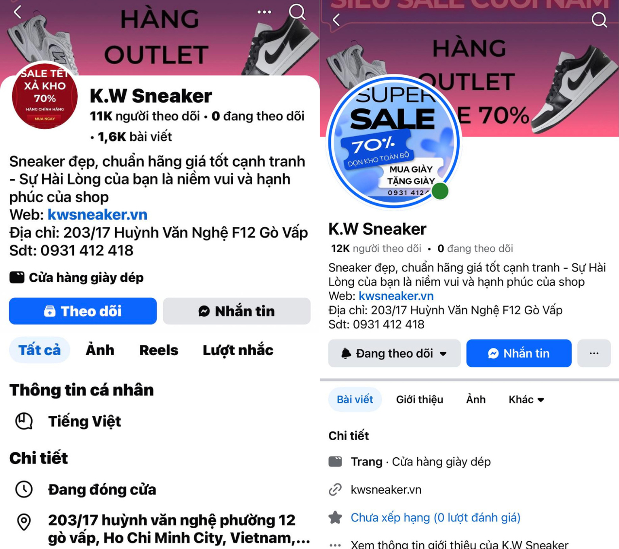 Trang fanpage có hơn 12 nghìn theo dõi của chuỗi K.W Sneaker với khẳng định