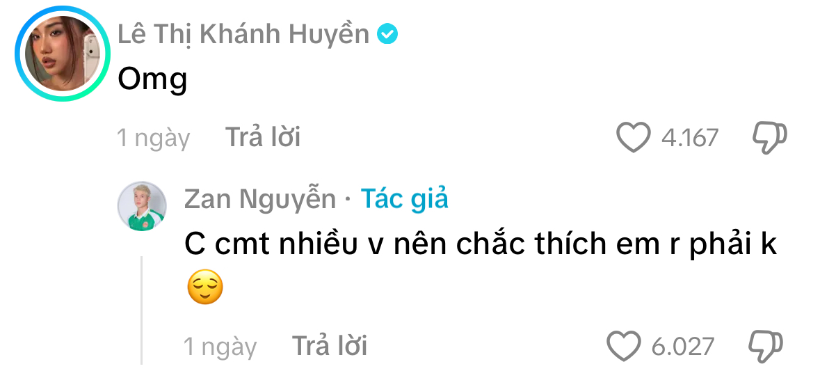 Cô nàng chủ động bình luận dưới các bài đăng của Zan Nguyễn, còn anh chàng cũng nhiệt tình rep lại.