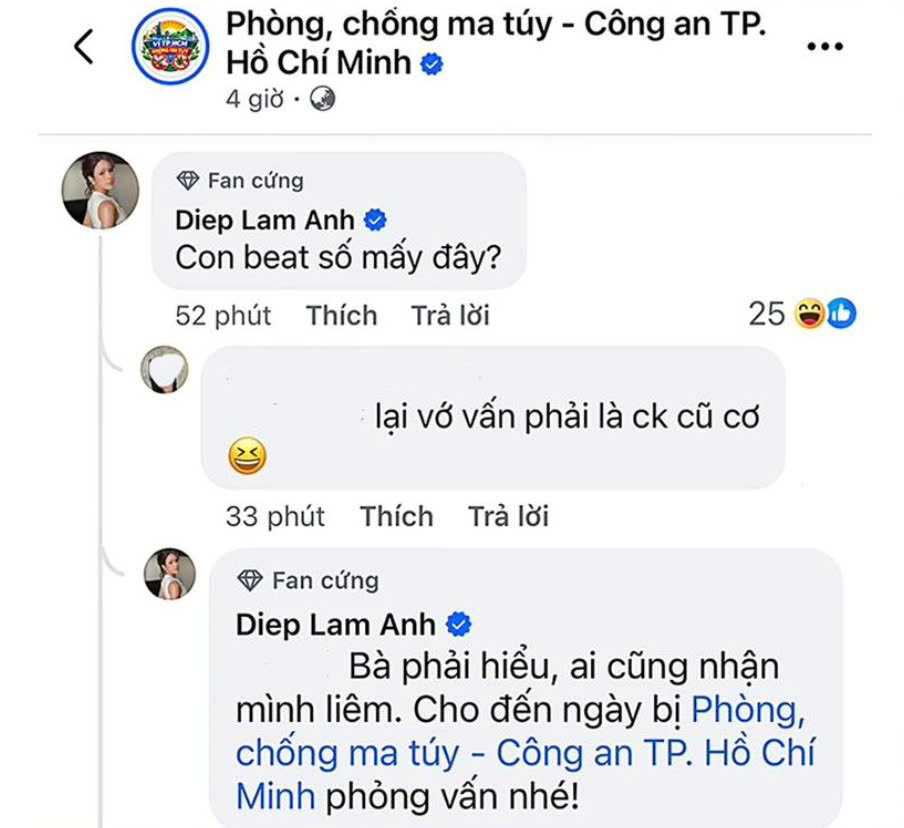 Bình luận của Diệp Lâm Anh dưới bài đăng của fanpage Phòng, chống ma túy – Công an TP.HCM được chia sẻ chóng mặt. Ảnh: Chụp màn hình