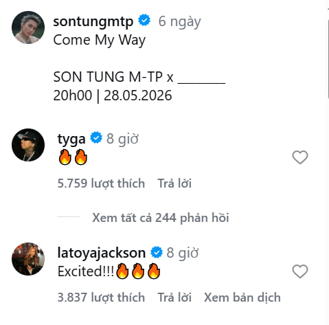 Rapper Tyga và La Toya Jackson để lại bình luận dưới bài đăng của Sơn Tùng