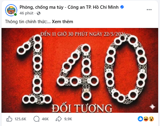 Bài đăng của page Phòng, chống ma túy - Công an TP. Hồ Chí Minh vào trưa 22/5