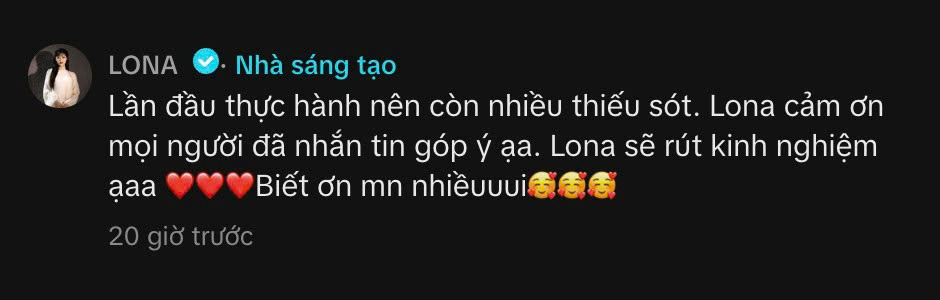   Lona Kiều Loan đã lên tiếng thừa nhận thiếu sót ở phía dưới phần bình luận, Ảnh: Chụp màn hình  