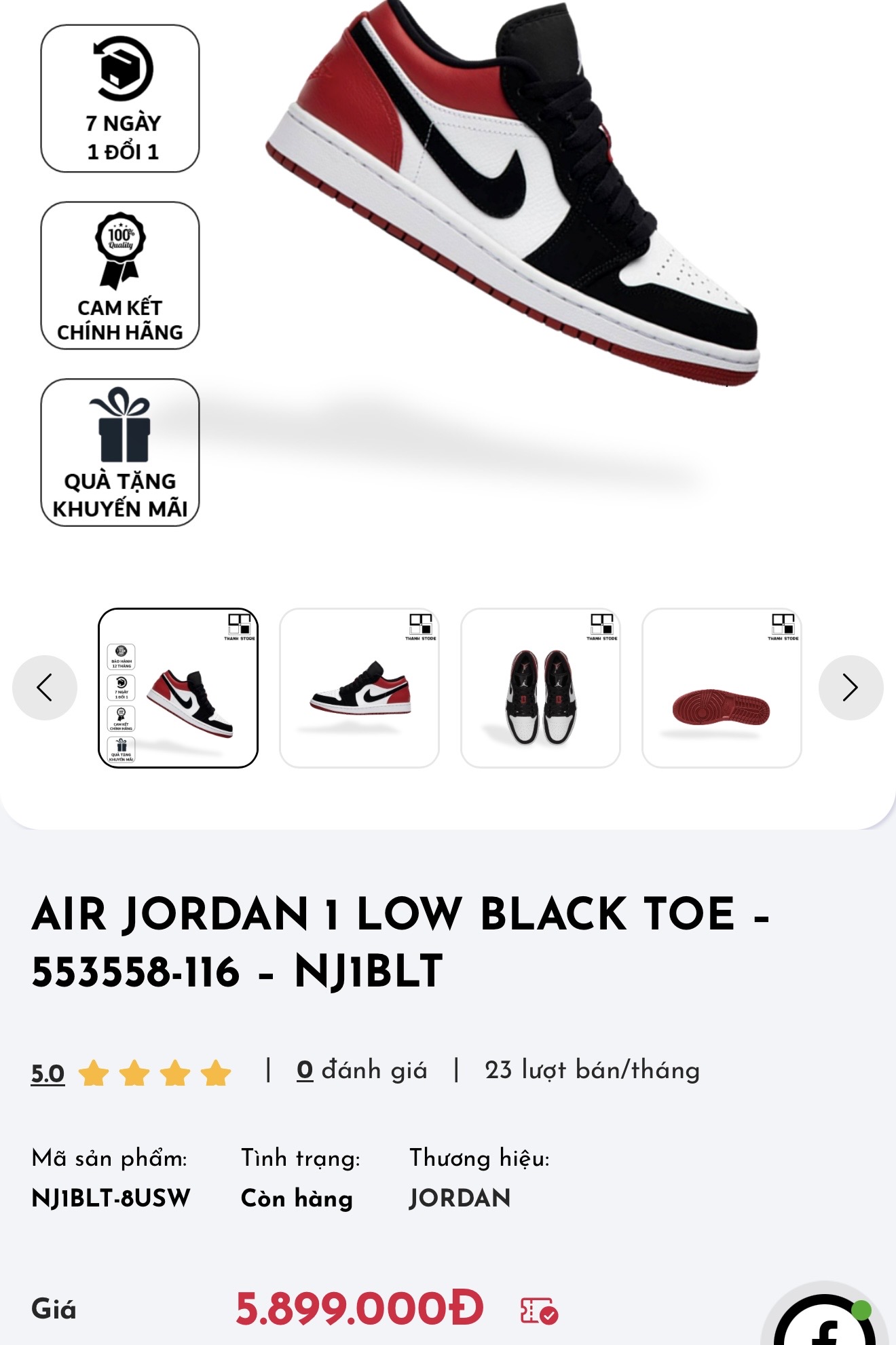 Một mẫu Air Jordan 1 được niêm yết 5,9 triệu đồng cùng cam kết chính hãng, và các yếu tố hậu mãi