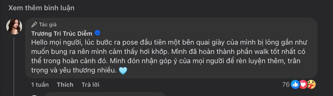 Người đẹp cho biết gặp phải sự cố liên quan tới quai giày và đã cố hoàn thành một cách tốt nhất. Ảnh: Chụp màn hình