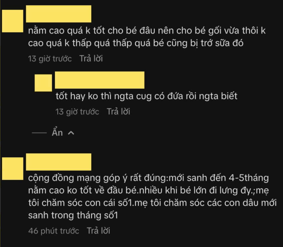 Một số netizen cho rằng anh không nên để em bé sơ sinh nằm trên gối. Nguồn: Chụp màn hình