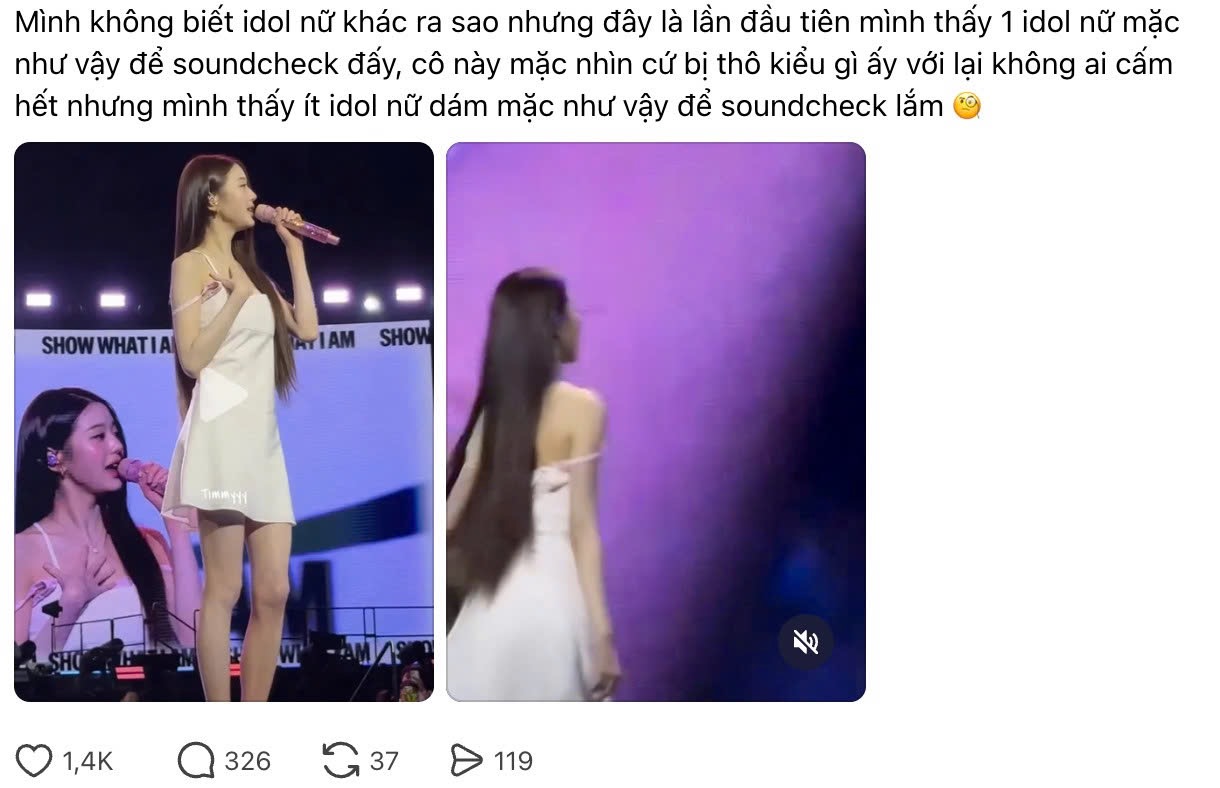 Phản ứng trái chiều của netizen về oufit tại buổi sound-check của Jang Won Young. (Nguồn: Threads)