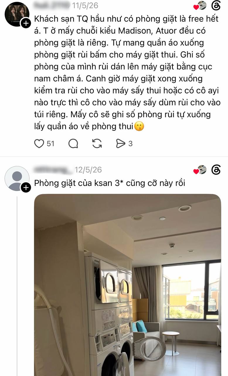 Một số khách du lịch Việt cũng cho rằng dịch vụ giặt là ở khách sạn Trung rất tiện, thậm chí còn được miễn phí