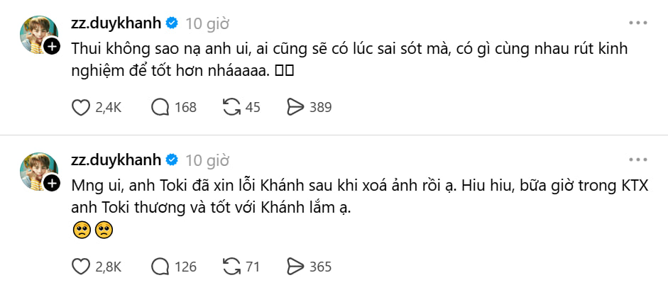 Duy Khánh bình luận dưới bài xin lỗi của Toki