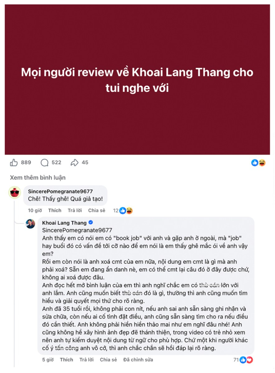 Khoai Lang Thang phản hồi bình luận chỉ trích mình (Ảnh chụp màn hình)