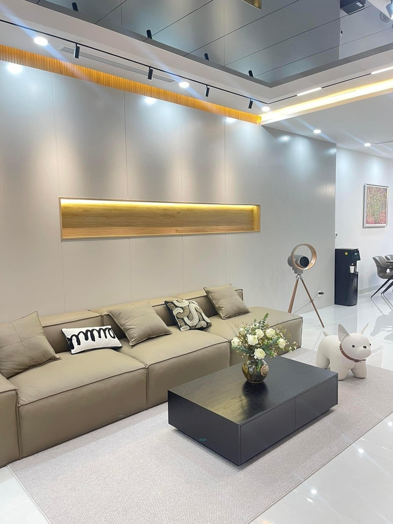 Không gian phòng khách nổi bật với sofa lớn, bàn trà nhỏ, thiết kế rộng rãi và tiện nghi