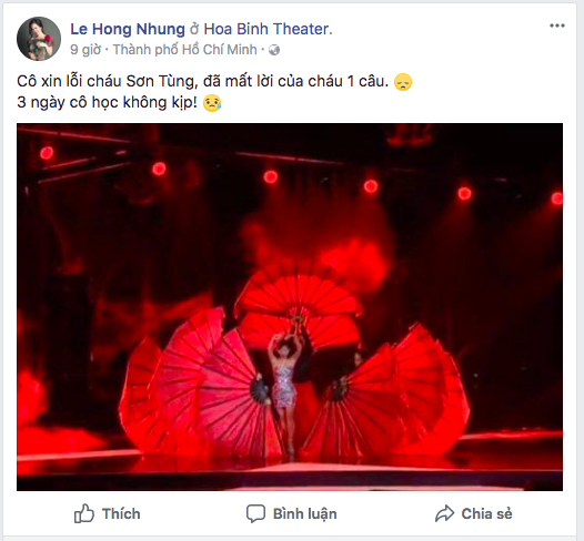   Diva Hồng Nhung từng gửi lời xin lỗi đến “cháu” Sơn Tùng vào năm 2018   