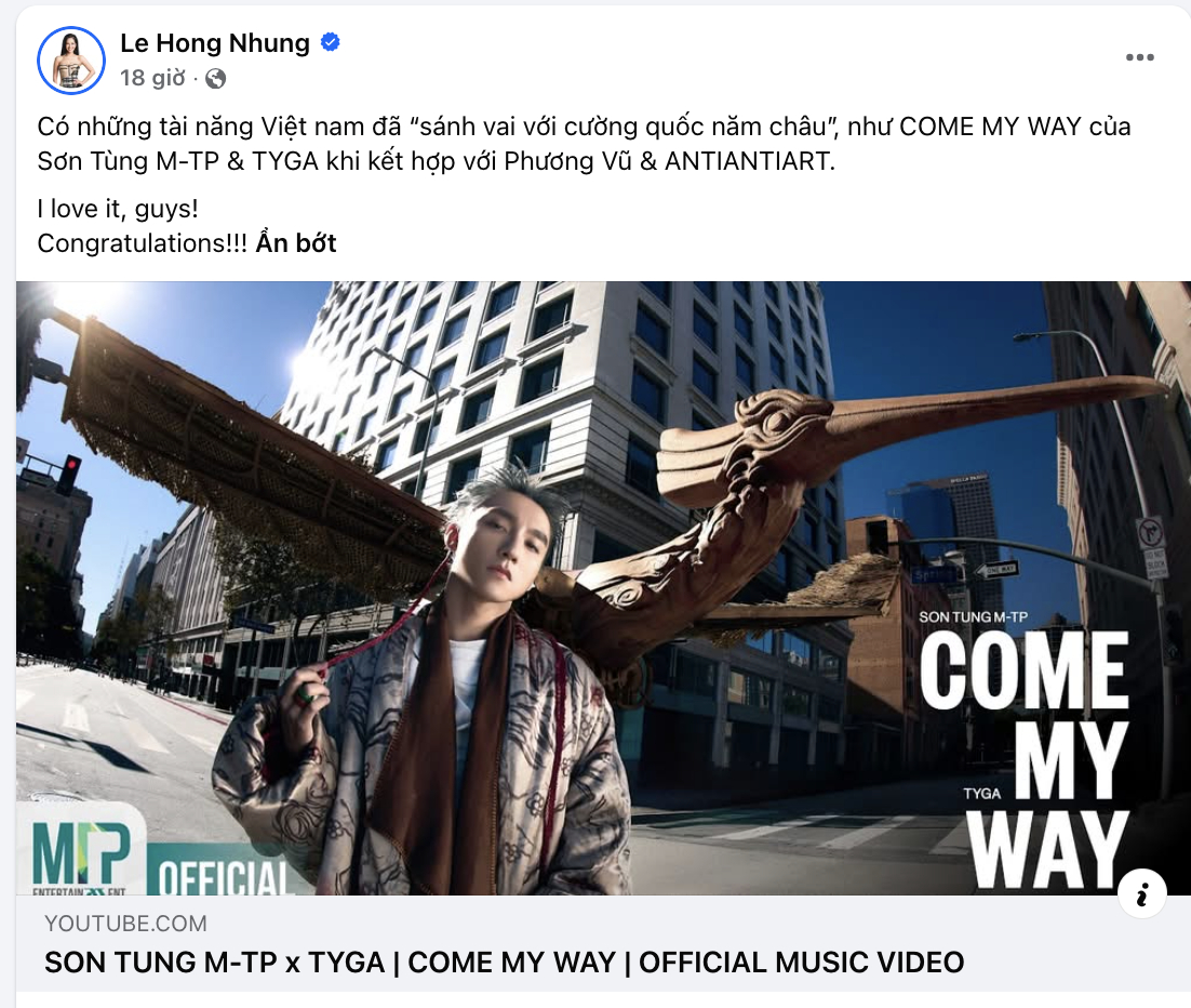   Diva Hồng Nhung chia sẻ MV và dành lời ngợi khen cho Sơn Tùng M-TP cùng ekip   