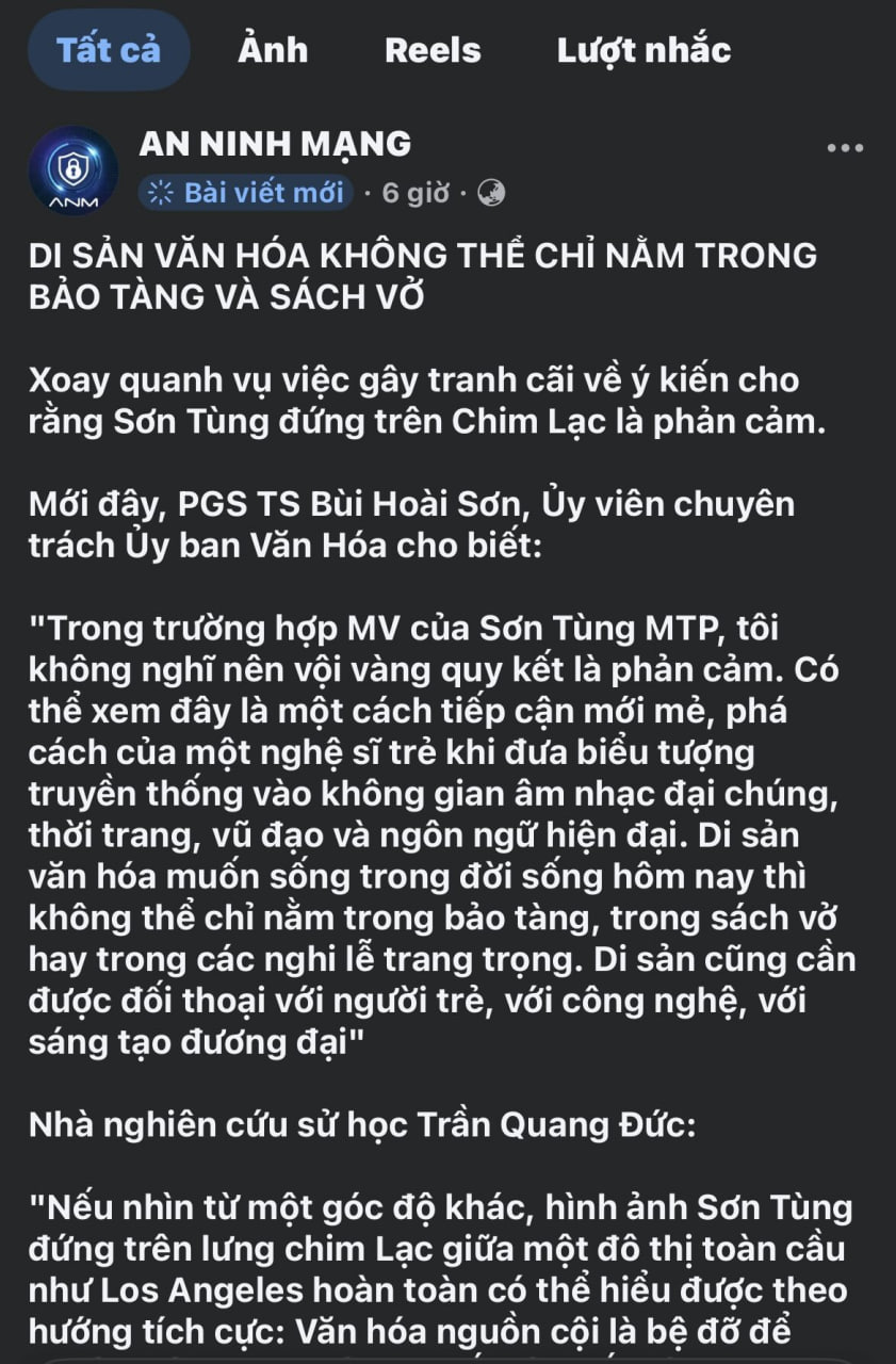 Bên cạnh đó, trang An ninh mạng cũng trích dẫn ý kiến của các chuyên gia về hình ảnh Sơn Tùng M-TP đứng trên chim Lạc trong MV