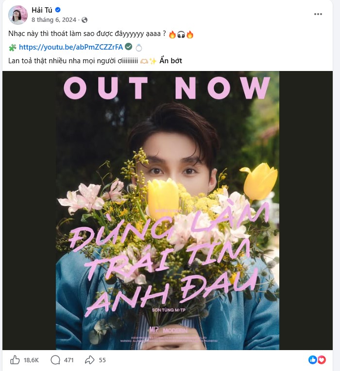 Ngay cả khi không phải sản phẩm do cô đóng chính thì Hải Tú vẫn nhanh chóng share link liền tay để ủng hộ thế này.