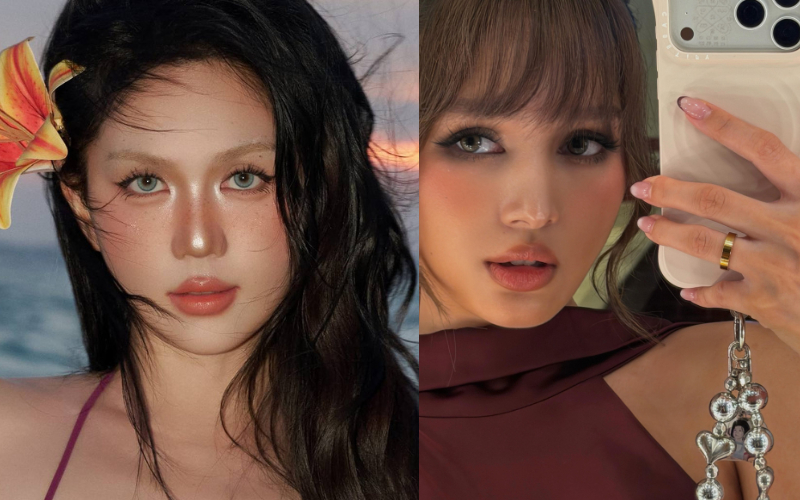 Layout makeup tông cam mịn lỳ với phần contour rõ nét, eyeliner sắc, mắt xanh cùng làn da ngăm khiến giao diện của Ngọc Trinh gợi nhắc đến Xoài Non.