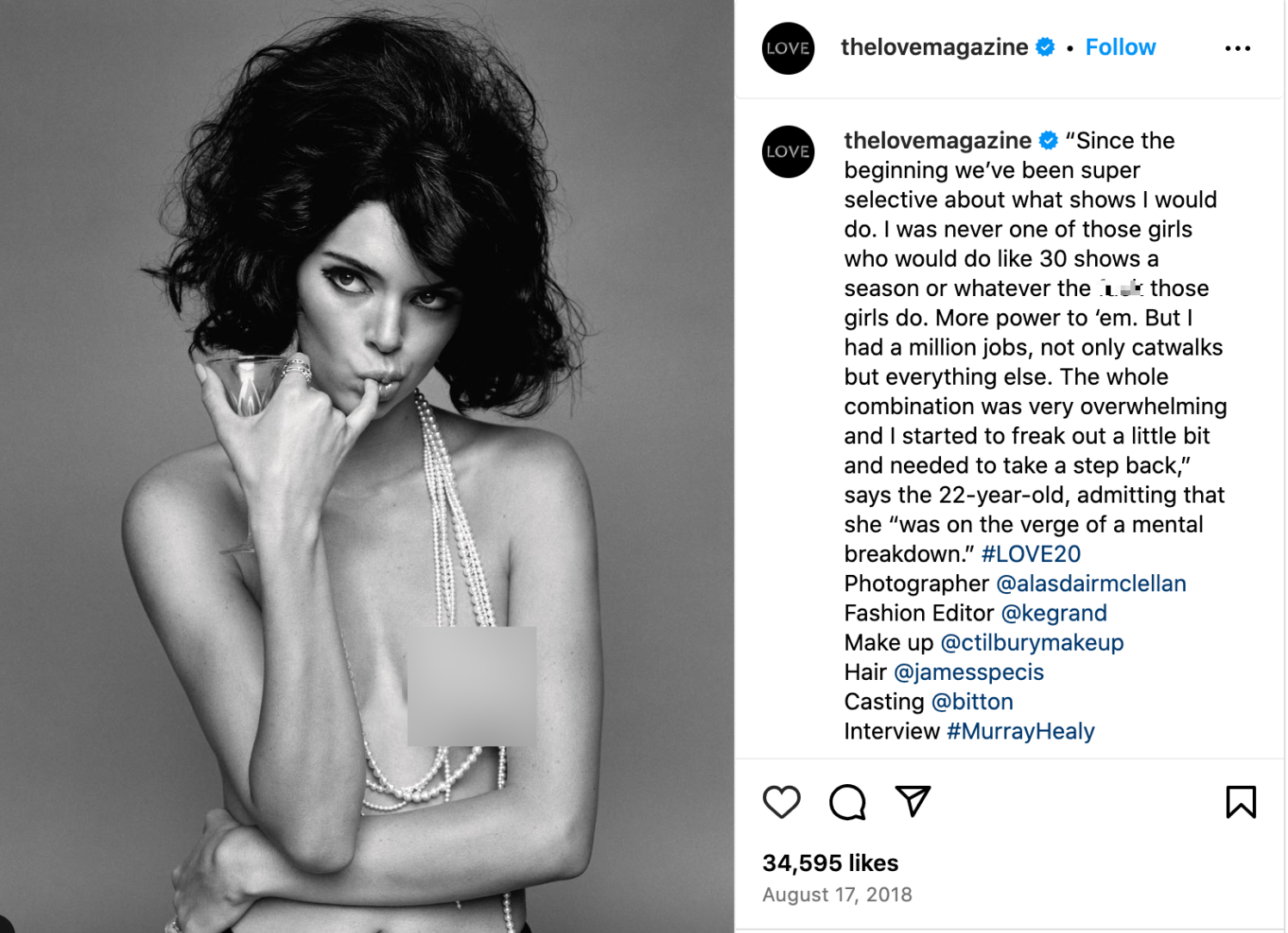  Kendall Jenner xuất hiện với hình ảnh ngực trần cùng những chia sẻ gây tranh cãi trên tạp chí Love vào năm 2018.